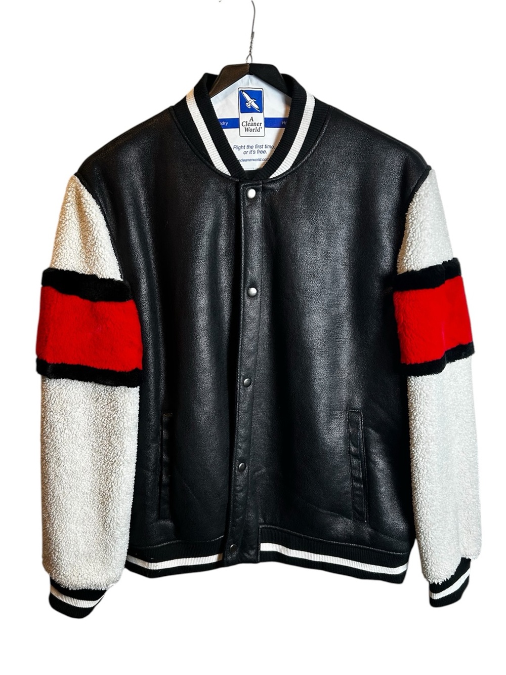 INC International Concepts Varsity Jacket XXL Black Faux Leather Sherpa Bomber